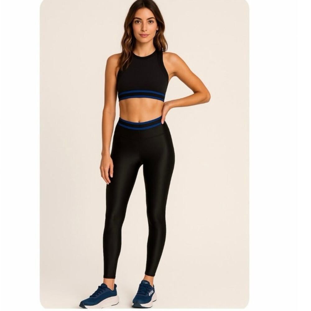 Alala Sports Bra & Black High-Waist Leggings with Blue Waistband Set. Med.